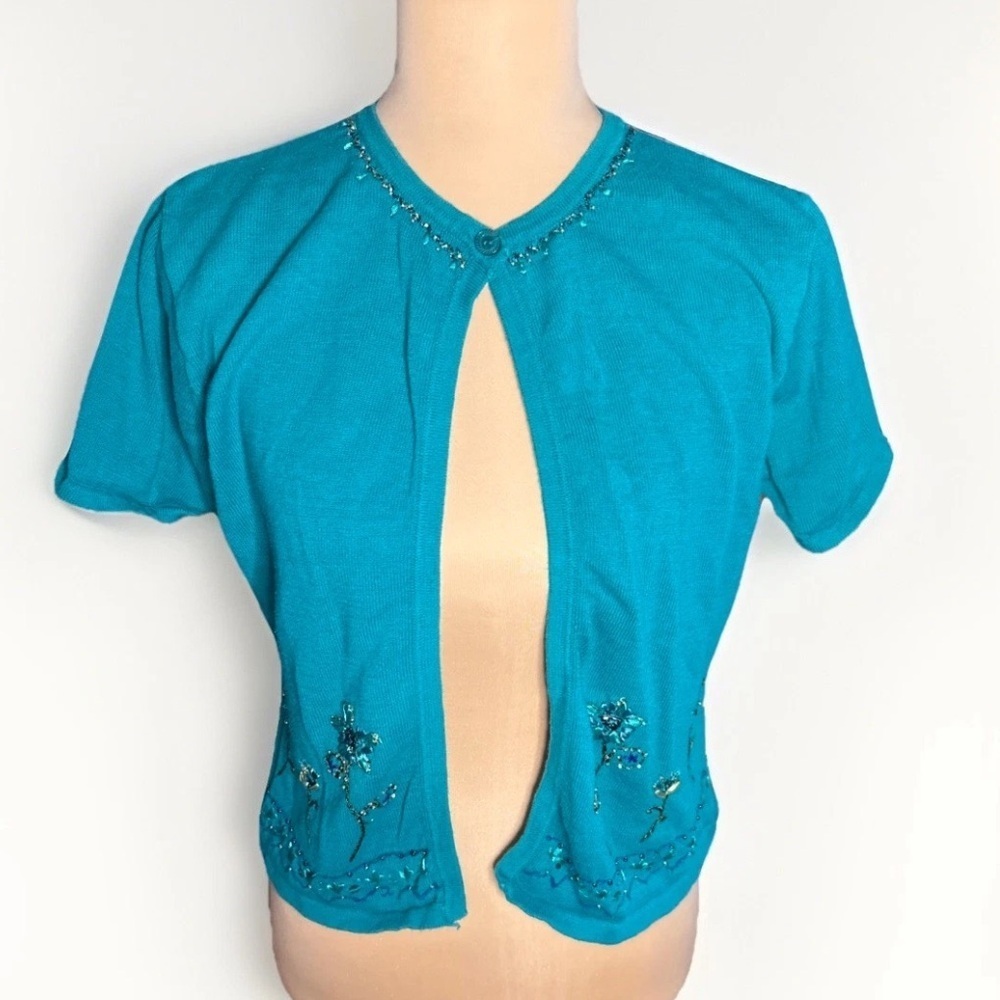 Y2K Vintage Women’s Size Small Blue Cardigan Sweater Sequins Embroidered Cottage